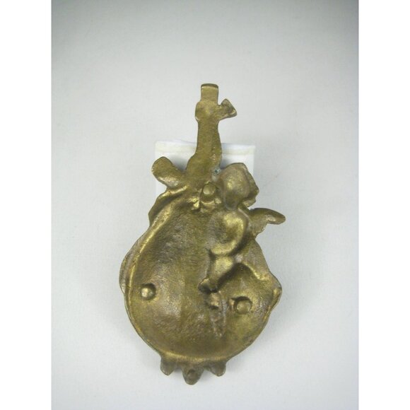 Vintage Brass Cherub Playing Cello Decorative Tray Tabletop Angel Playing Violin - Picture 7 of 12